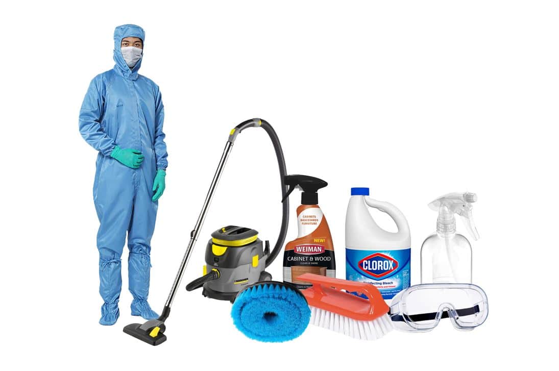 assorted cleaning equipment and utensils used for removing black mould in wood on a white background