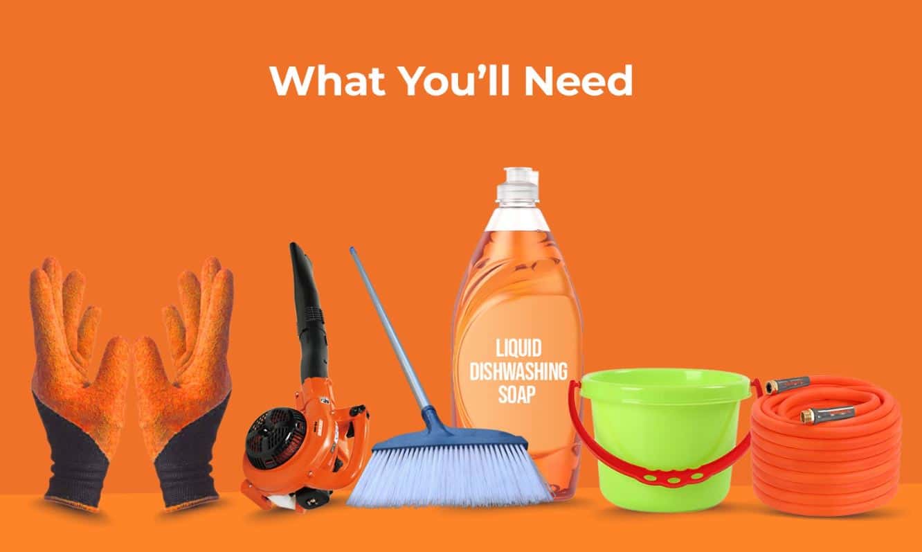 items needed to clean a driveway without pressure washing on an orange background