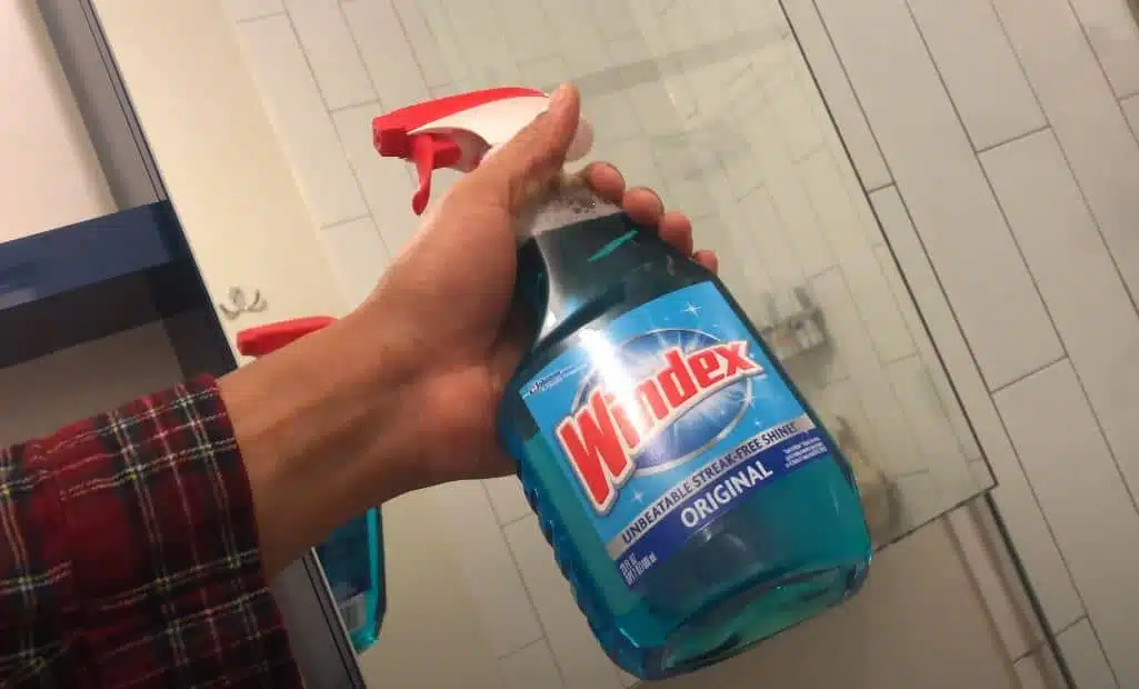 a man holding a bottle of windex
