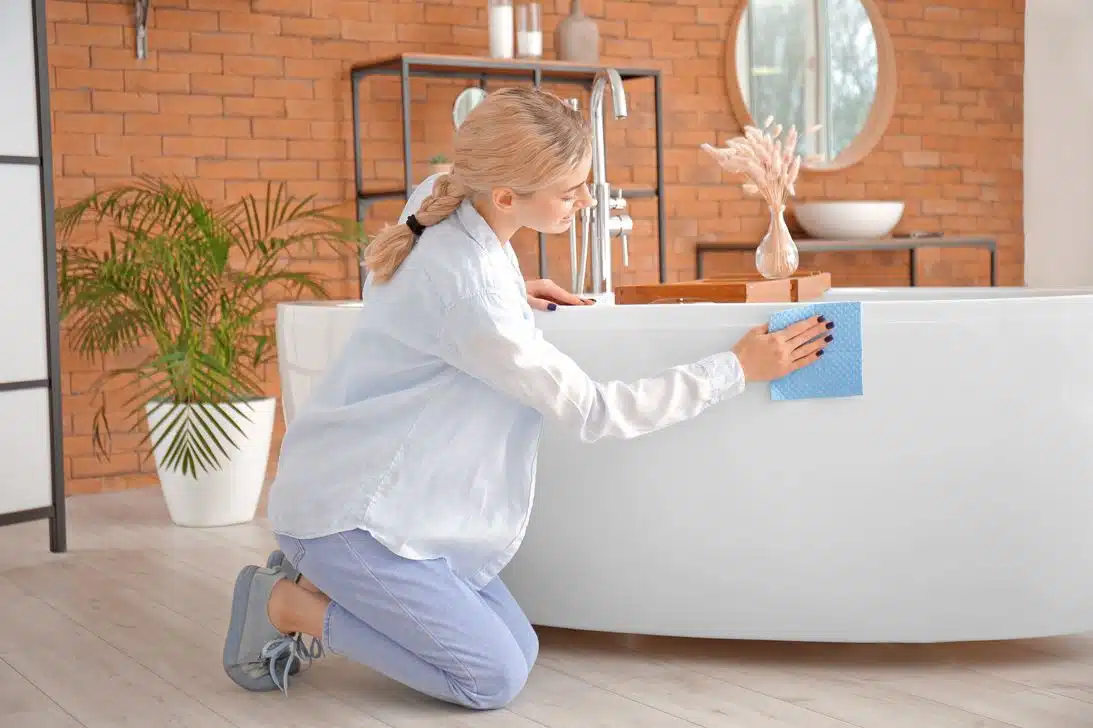 blonde lady using blue microfibre cloth to clean the outside of a white jetted tub