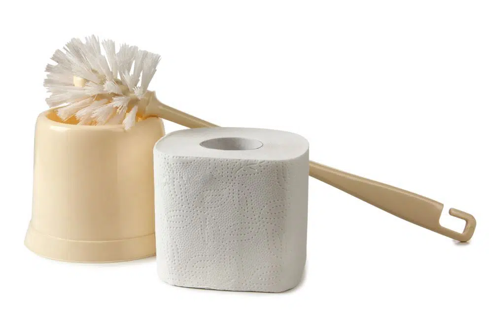 brown toilet brush and holder next to a roll of toilet paper