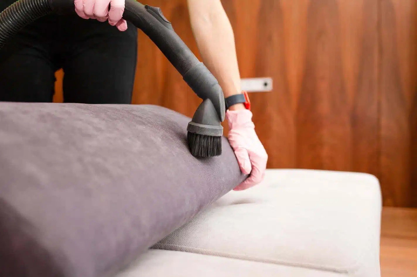professional cleaner using vacuum with upholstery attachment to clean purple couch cushions