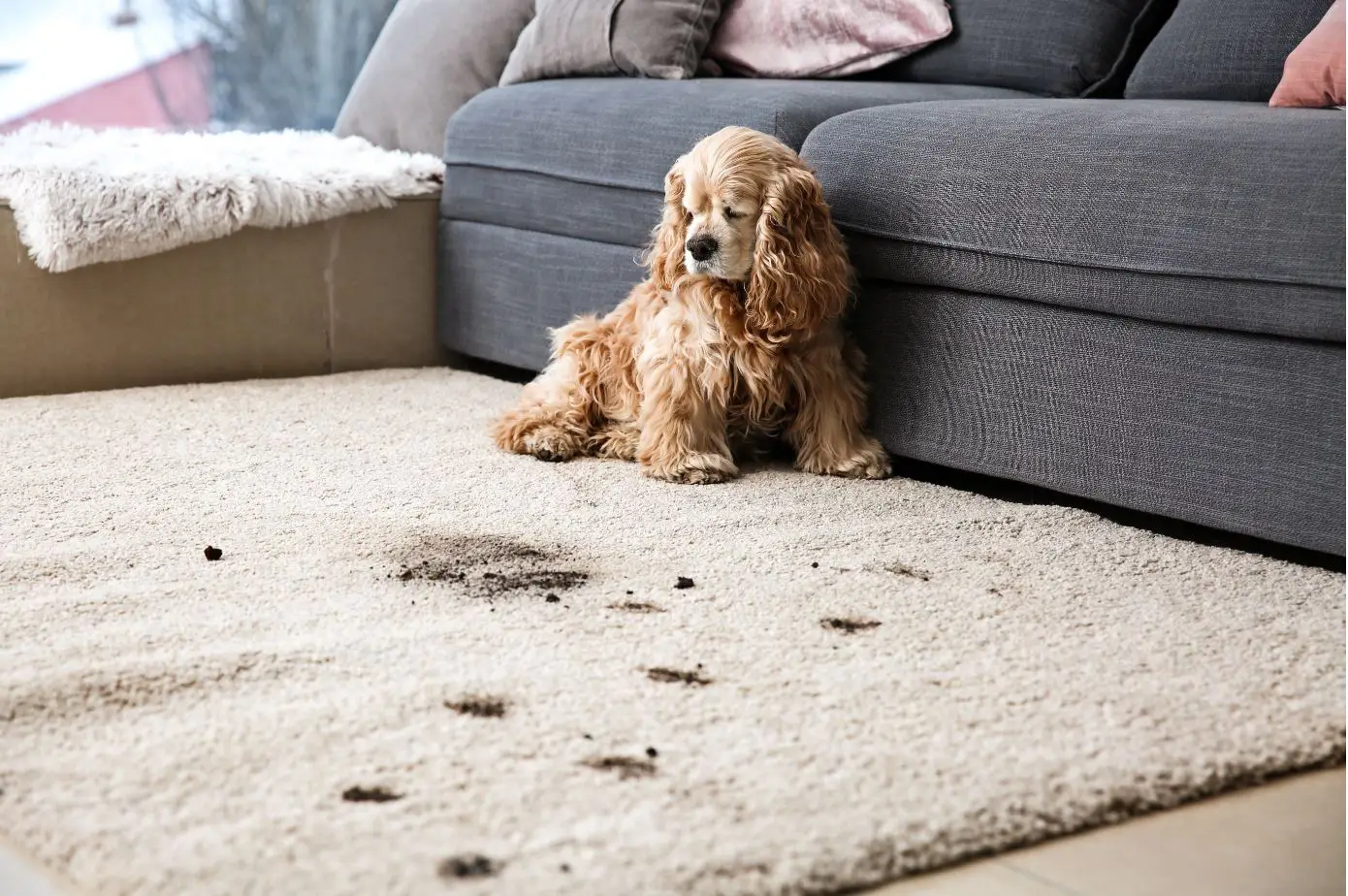 small brown dog sitting on a large soiled carpet
