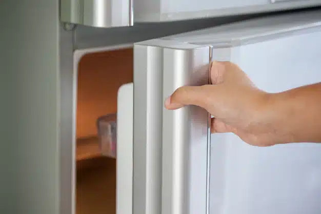 Woman hand opening refrigerator