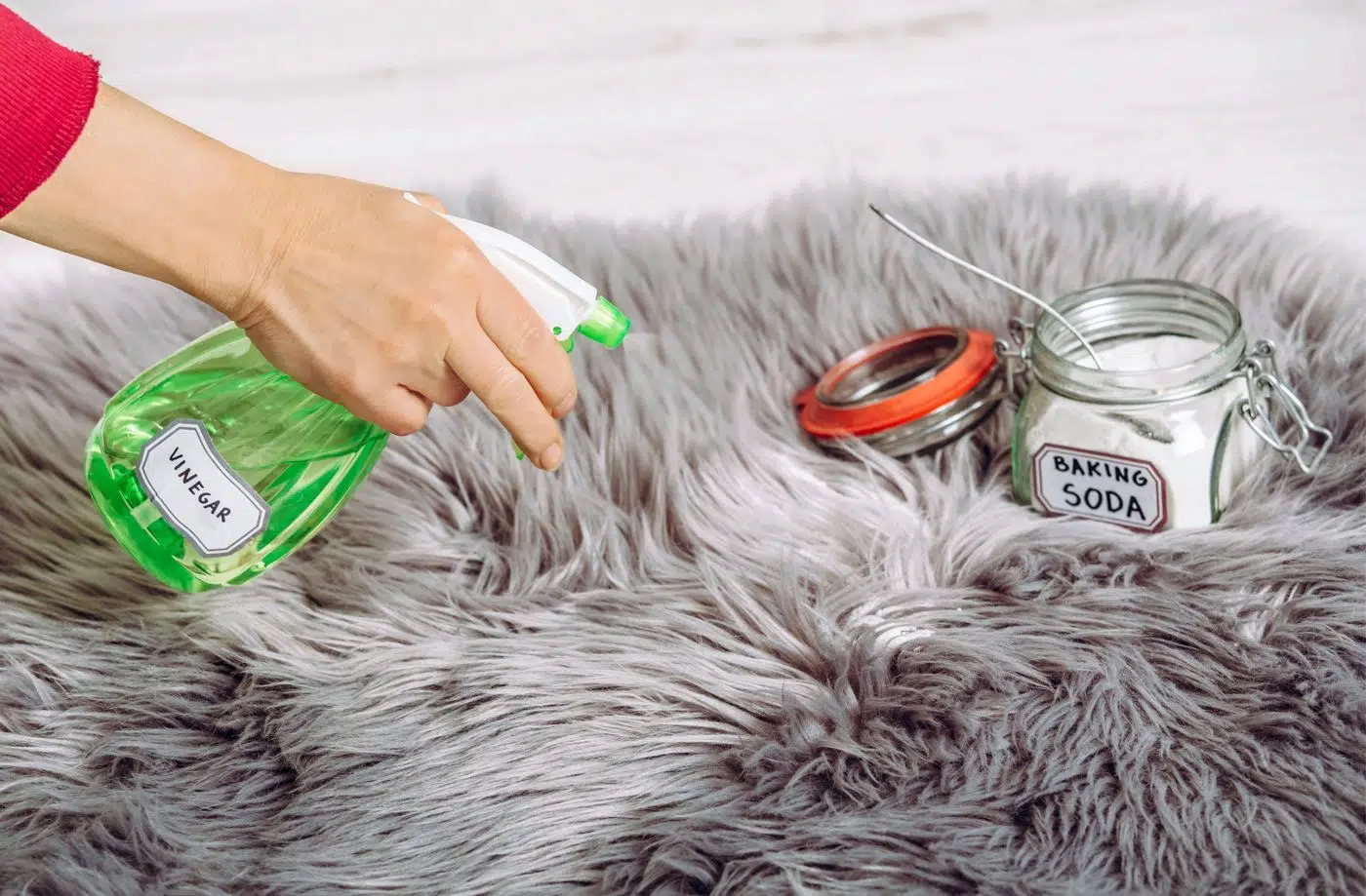 woman with green spray bottle of vinegar applying vinegar and baking soda to large gray shag rug