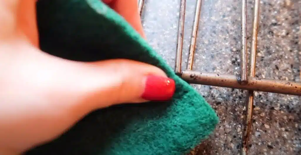 woman with red nail polish scrubbing oven racks
